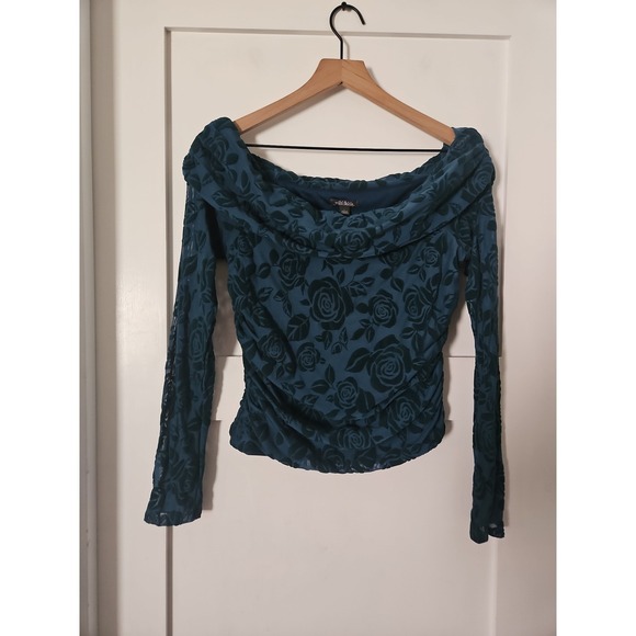 wild fable Tops - Wild Fable Burnout Velvet Rose Off Shoulder Top Teal Large Y2K Indie